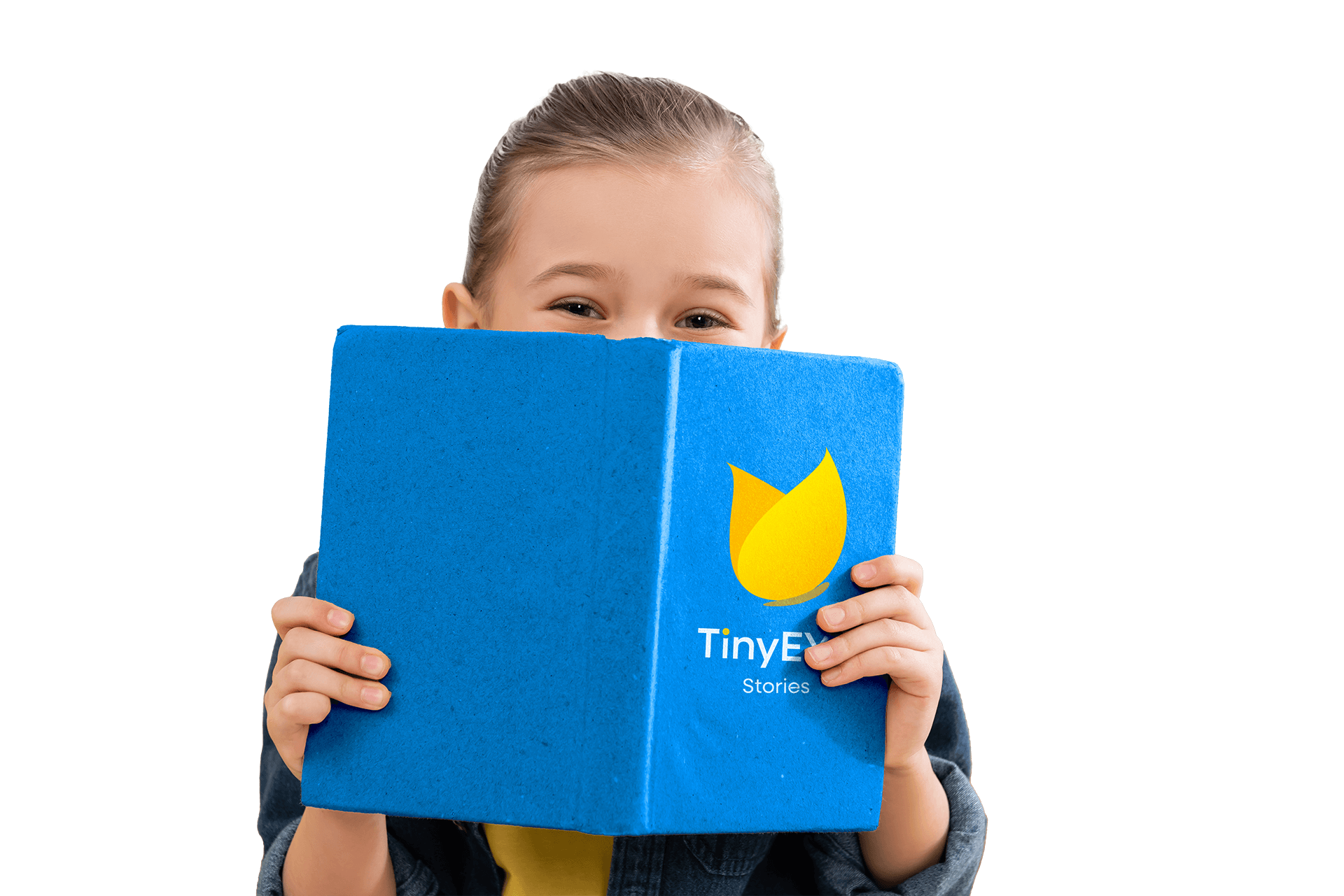 Child holding a blue TinyEYE storybook, representing TinyEYE's focus on online speech and occupational therapy for children.