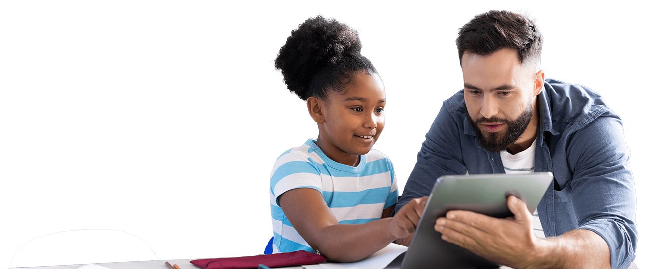 Teacher and student using a tablet during an online therapy session, representing TinyEYE's support for school districts