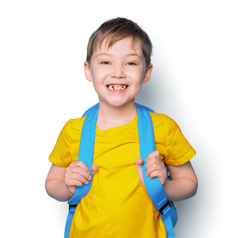 Smiling child in a yellow shirt with a blue backpack, representing TinyEYE online therapy services for speech and occupational therapy.